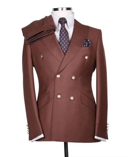 Men's Serge Suit 2 Piece Double Breasted Slim Fit Peak Lapel Gold Button High Quality Formal Blazer Pants Formal Business Weddin