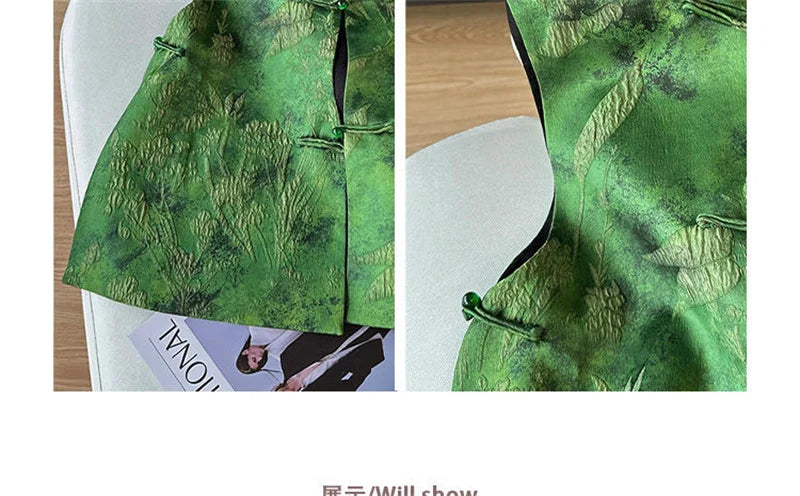 2025 Retro Chinese Literature Green Jacquard Vest Classical Chic Versatile Waistcoat Female Sleeveless Singlet Tops