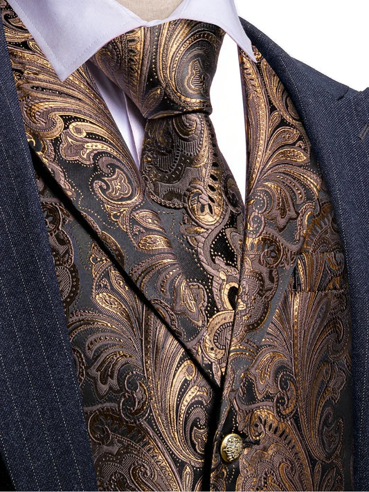 Men's Brown Jacquard Floral Vest with Notched Lapel & Bowtie Set – Formal Wedding & Tuxedo Waistcoat