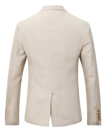 Blue/Beige Linen Men Suits Peak Lapel Slim Fit One Gold Button Blazer Vest Pants Groom Tuxedos Wedding Prom Dinner 3 Piece Set