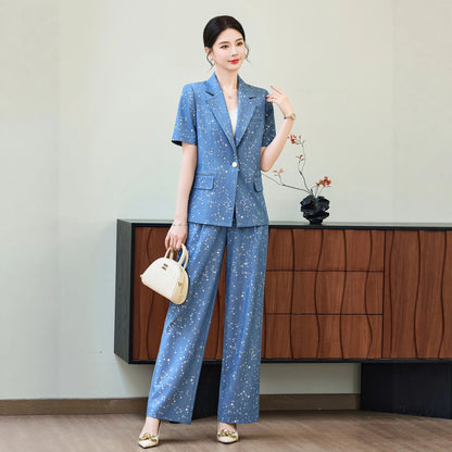 Fashion Blue Yellow Short Sleeve Professional Suit Women New Summer Elegant Formal Slim Blazer And Pants Office Ladies Work Wear
