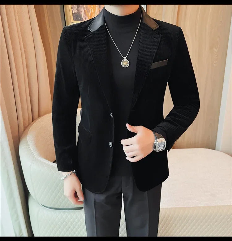 Autumn Winter Corduroy Suit Coat For Men Korean Elegant Slim Fit Business Formal Dress Coats Groom Wedding Tuxedo Suit Jacket