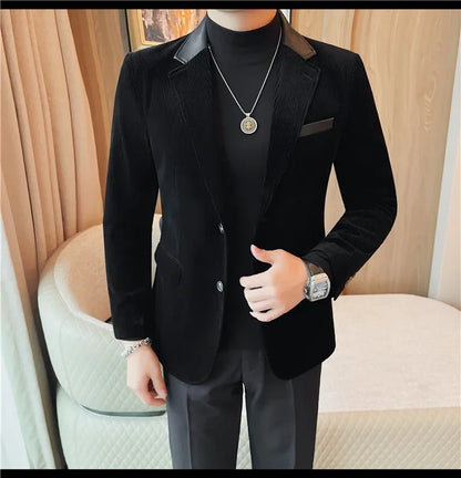 Autumn Winter Corduroy Suit Coat For Men Korean Elegant Slim Fit Business Formal Dress Coats Groom Wedding Tuxedo Suit Jacket