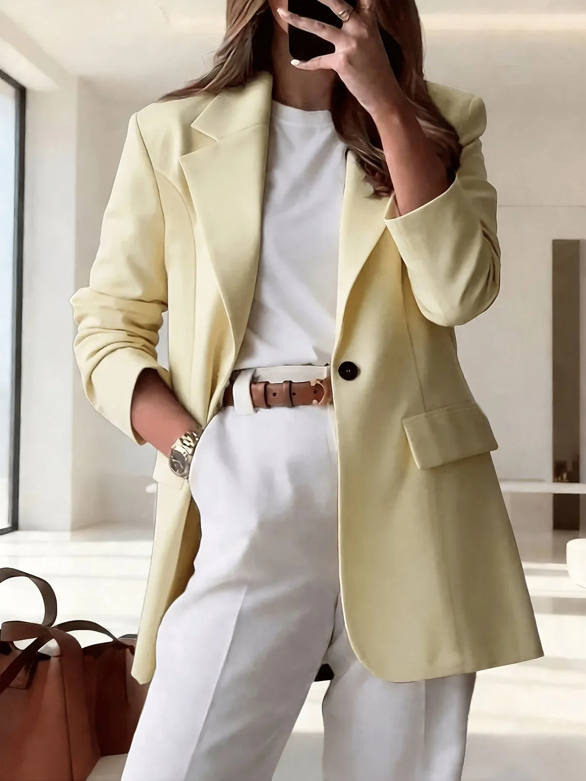 Women's Single-Button Loose Fit Suit Jacket Trans-seasonal Yellow Collar Commute Casual Polyester Fabric Fashionable