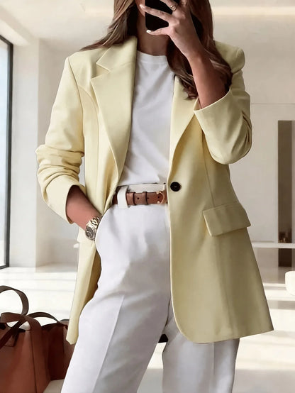 Women's Single-Button Loose Fit Suit Jacket Trans-seasonal Yellow Collar Commute Casual Polyester Fabric Fashionable