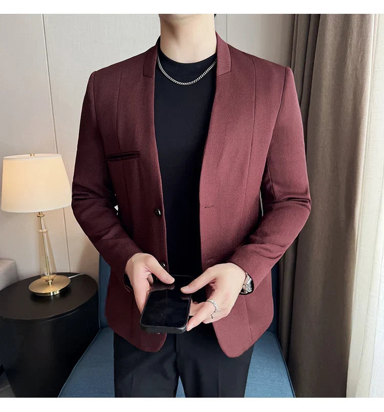Chinese Style Collarless Suit Jacket Men Fashion Slim Fit Versatile Blazers Male Casual Business Wedding Groom Dress Jacket 2025