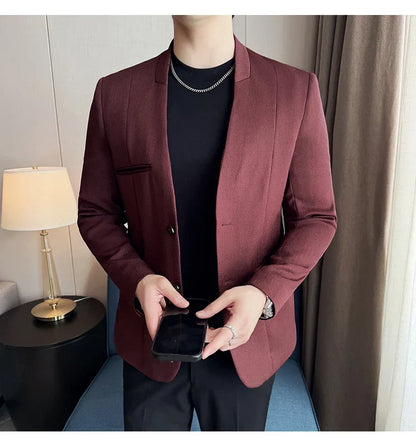 Chinese Style Collarless Suit Jacket Men Fashion Slim Fit Versatile Blazers Male Casual Business Wedding Groom Dress Jacket 2025