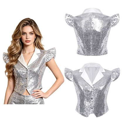 Women's Vest Dressy Party Tops Sequins Waistcoat Sparkly Sleeveless Vests Rave Music Festival Nightclub Jazz Dance Cosutme