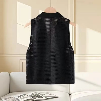 2026  Summer New Women's Openwork Coat Knitted Vest Cardigan Thin  Tops Female Fashion Loose Ladies Outwear Waistcoat Stitching