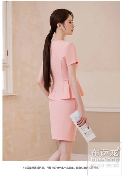 2025Summer Blue Short Sleeve Blazer Suit Professional Women's Skirt Set Short Skirt Elegant Fashion Formal Workwear