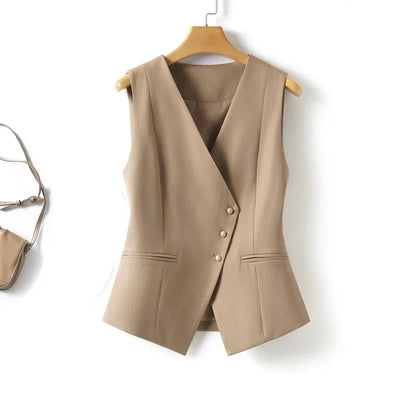 Short V-Neck Suit Vest for Women, Spring and Autumn Slant-Buttoned Top, Perfect for Office Wear and Versatile Vest