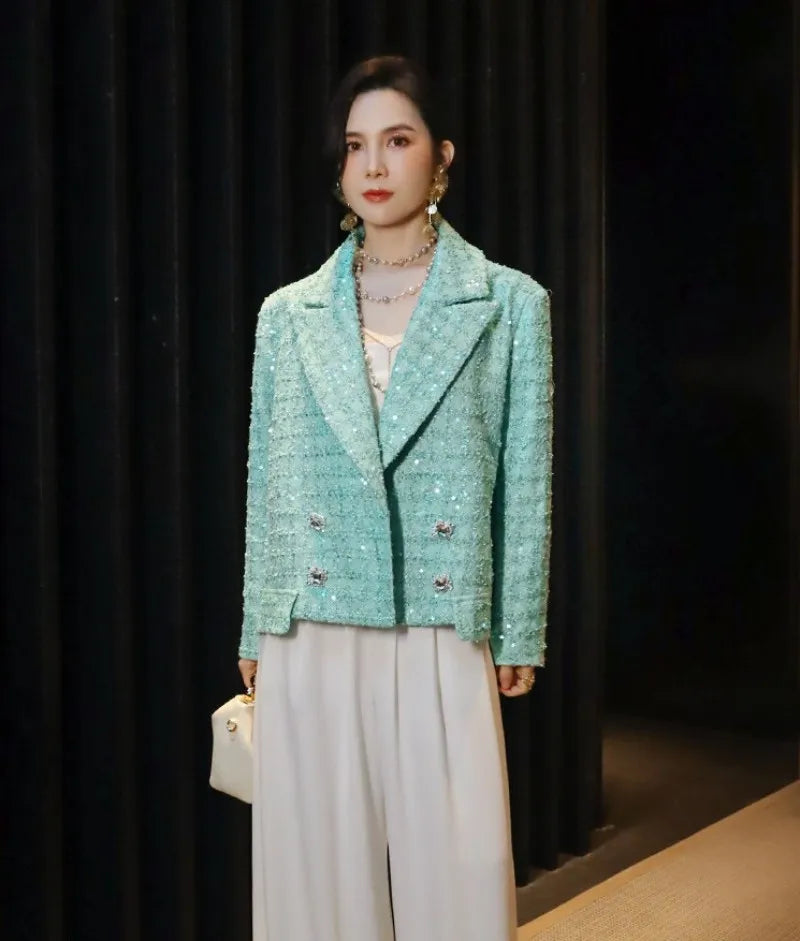 Elegant Women Spring Sequined Tweed Jacket Fashion Office Lady Doubil Breasted Short Coat Turn Down Collar Long Sleeve Outerwear