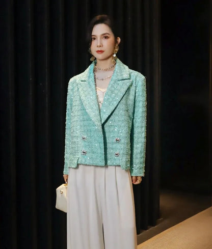 Elegant Women Spring Sequined Tweed Jacket Fashion Office Lady Doubil Breasted Short Coat Turn Down Collar Long Sleeve Outerwear