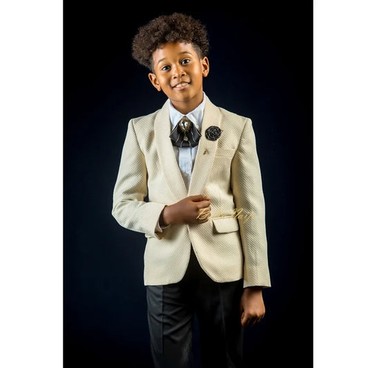Fashion Waffle Boys Suits Shawl Lapel One Button Blazer Sets with Black Pants Chic Banquet Formal Party Wedding Kids Clothes
