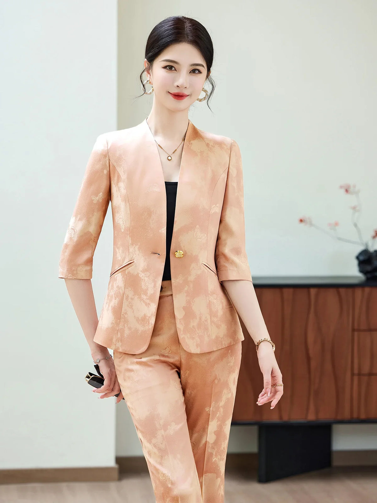 Fashion Office Ladies Blazer and Pants Suit Formal V Neck Half Sleeve Women Jacket Trouser Women Business Work Wear 2 Piece Set