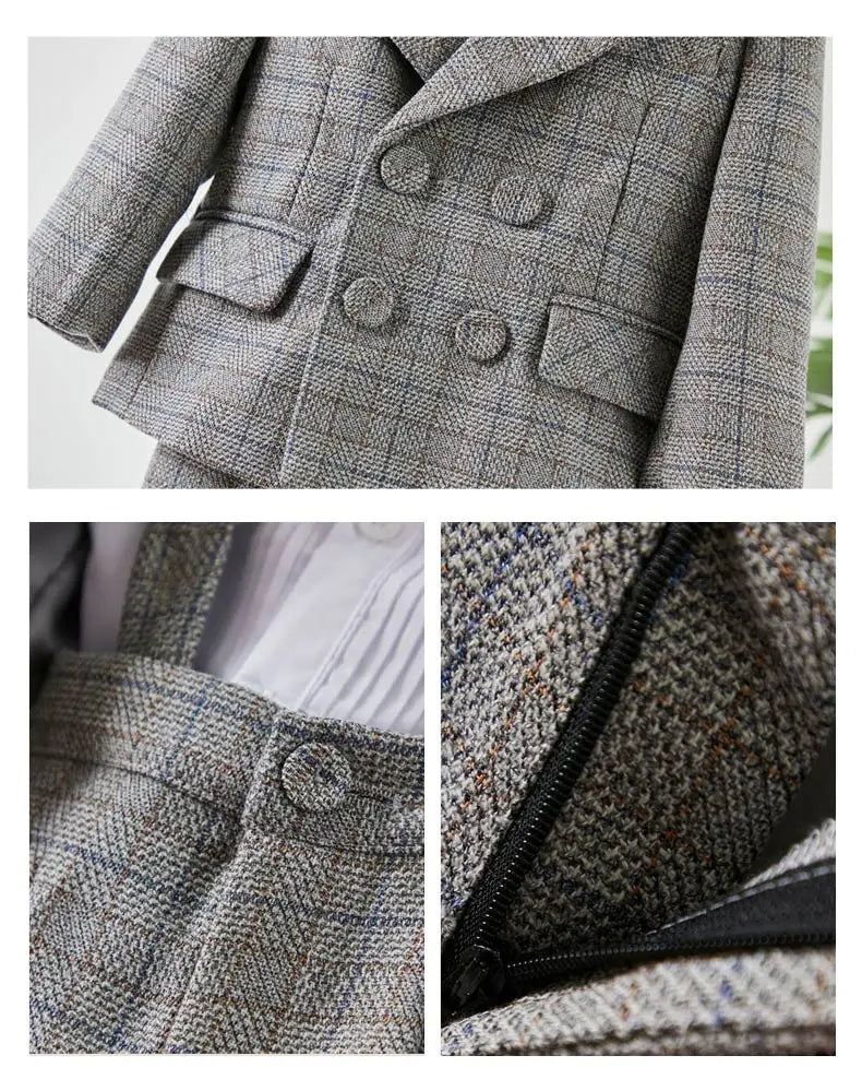 Kids Boys Gentleman Plaid Suit Outfit Jacket Pants Suspenders Bow Tie Formal Wedding Party Photograph Costume for Baby Boy Cloth
