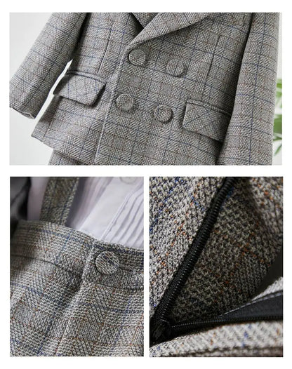 Kids Boys Gentleman Plaid Suit Outfit Jacket Pants Suspenders Bow Tie Formal Wedding Party Photograph Costume for Baby Boy Cloth