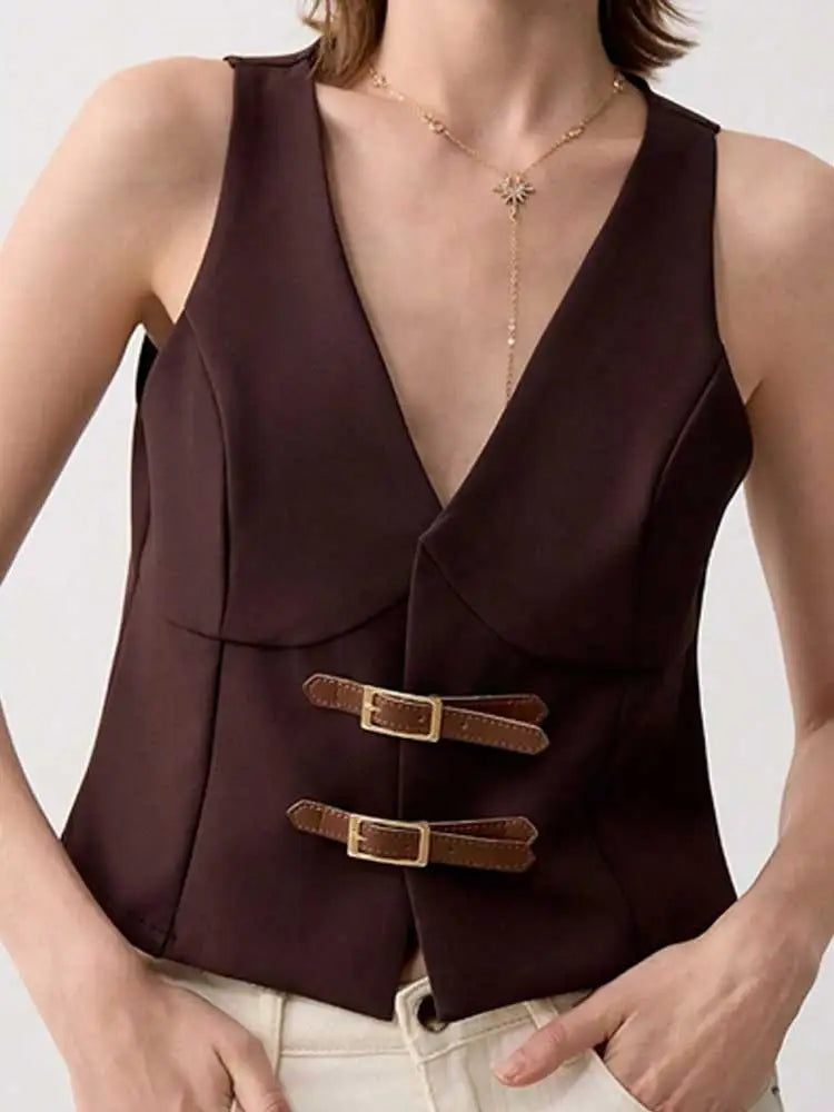 Women's V Neck Solid Color Vest Top with Belted,Sleeveless Waistcoat for Summer