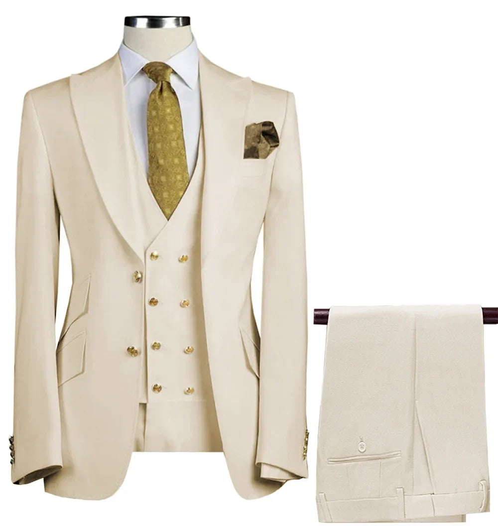  Men Suit 3 Pieces Beige With Lapel Solid For Business Banquet Wedding Groom Daily Tuxedo Office Suit Jacket Vest With Pants