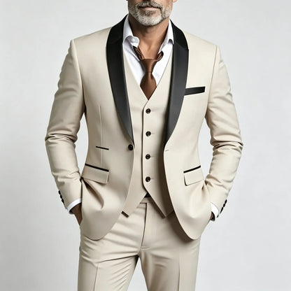 Costume 3 pièces pour homme à revers châle — Coupe ajustée, à simple boutonnage, idéal pour les mariages, les banquets et diverses occasions décontractées