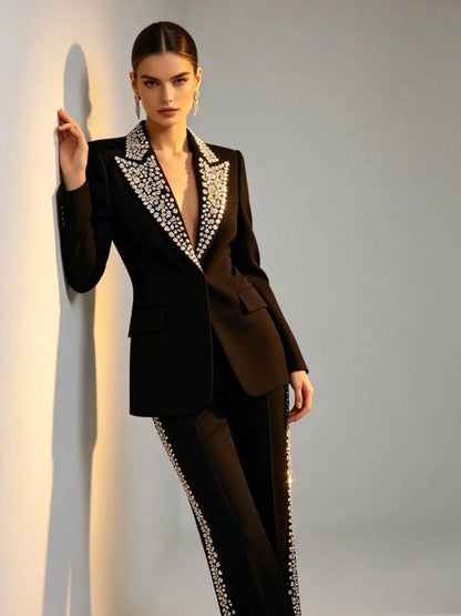 Fashion Crystals 2 Pieces Suits Peaked Lapel Jacket Plus Size Women Ladies Prom Evening Guest Formal Wear Coat Customized