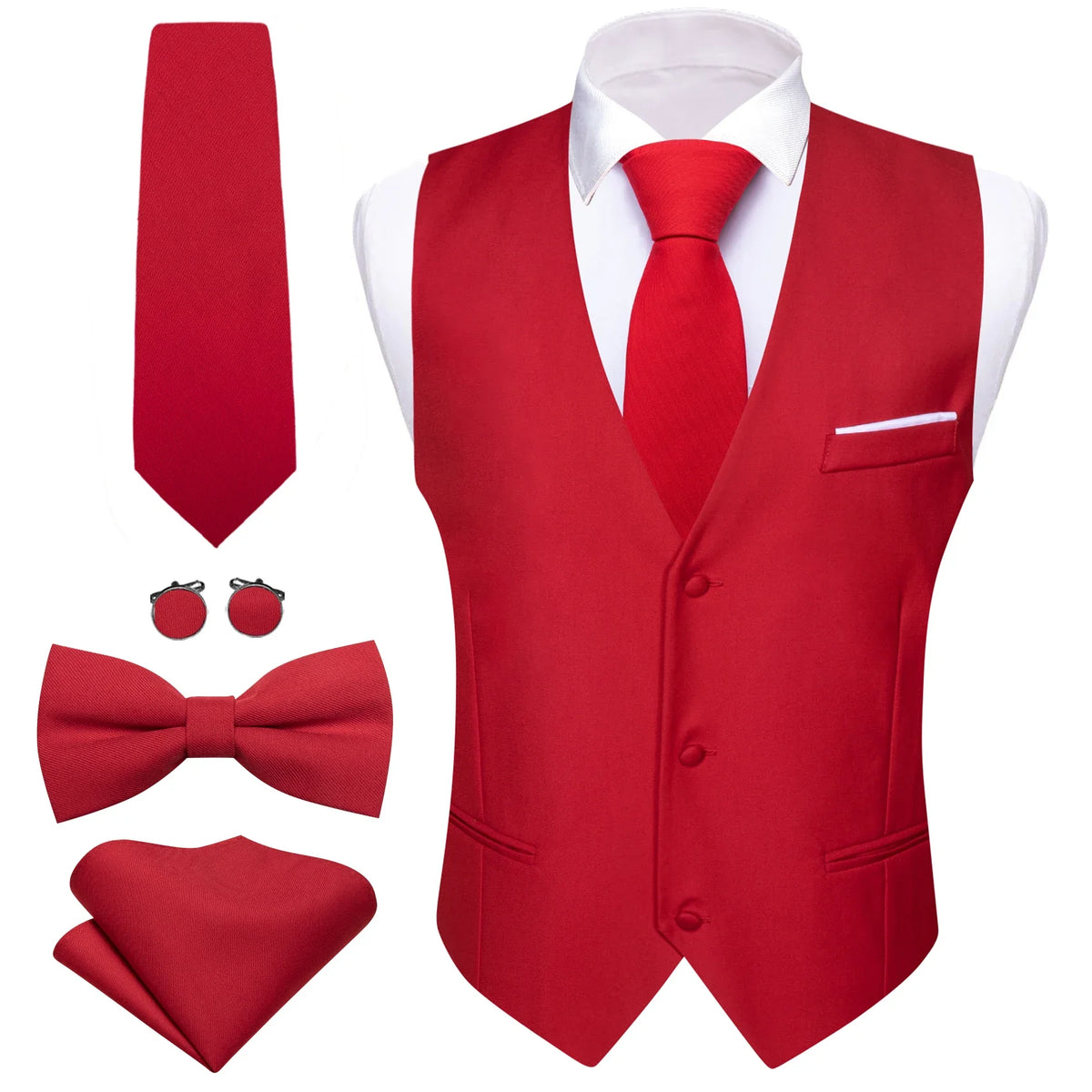 Men's Suit Vest 5-Piece Set – Solid Color V-Neck Waistcoat with Tie, Bow Tie, Pocket Square & Cufflinks for Wedding & Business