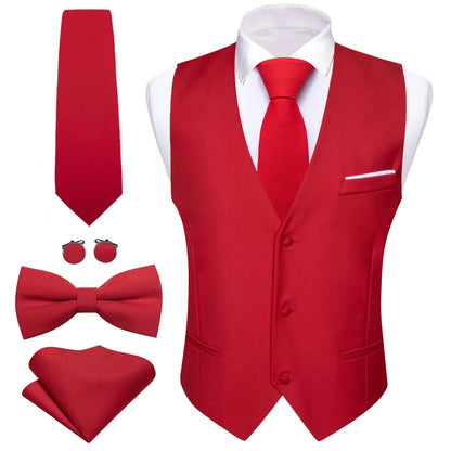 Men's Suit Vest 5-Piece Set – Solid Color V-Neck Waistcoat with Tie, Bow Tie, Pocket Square & Cufflinks for Wedding & Business