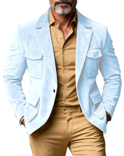 Men's Suede Safari Blazer Slim Fit Notch Lapel Multi-Pocket Hunting Jacket Autumn Winter Casual Business Sport Coat