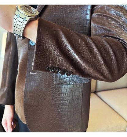 2026 Crocodile Patterned Leather Suit Jacket Men Slim Fit Business Casual Leather Jacket Wedding Groom Party Work Men Blazers