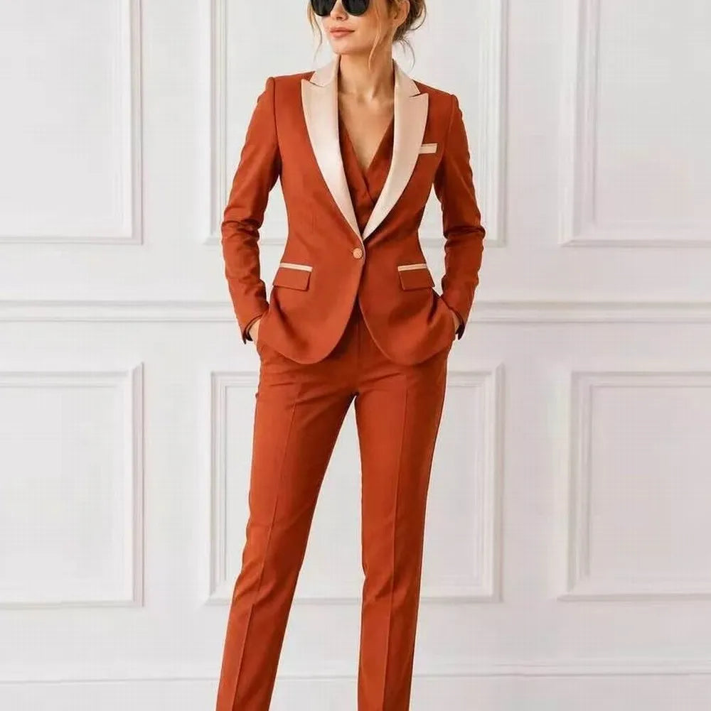 Beige Collar Orange Formal Business Women Suit Wedding Party Prom Ladies Mother Tuxedos Costume 3 Piece Set Blazer Vest Pants