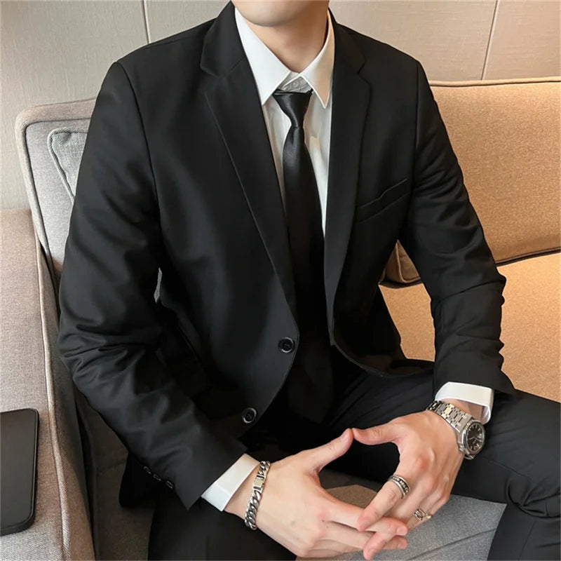 Men's Solid Black Straight-Fit Formal Suit – Business & Wedding Blazer and Pants Set
