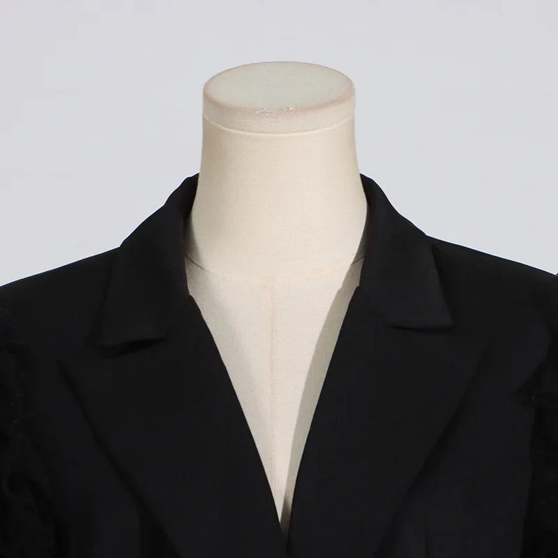 Spring Autumn New Women Blazer Notched Collar Single Button Patchwork Pleated Mesh Long Sleeve Elegant Fashion Coat HK18270