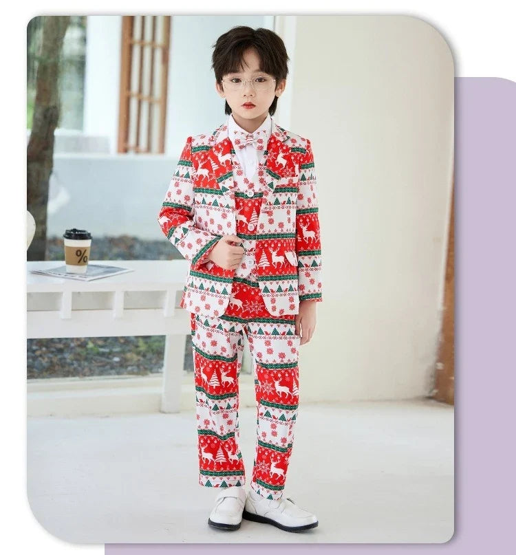 Boys Christmas Blazer Jacket Waistcoat Pants Wedding Suits Kids Morning Coat Formal Dress Children Tuxedos Toddler Clothes Sets