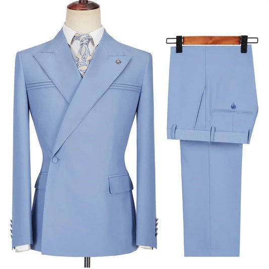 Men Suit 2 Pieces Sky Blue Solid Single Button For Wedding Banquet Birthday Party Business Casual Jacket With Pants