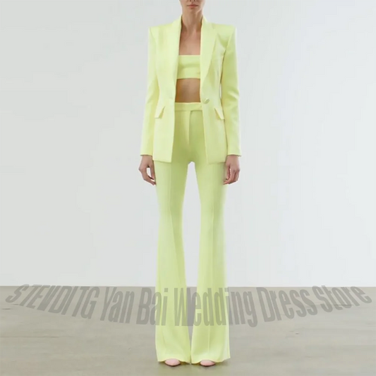 Light Yellow 2 Piece Women Suit Set Single Button Slim Fit Solid Color Elegant Office Lady Party Wedding Guest Matching Outfit