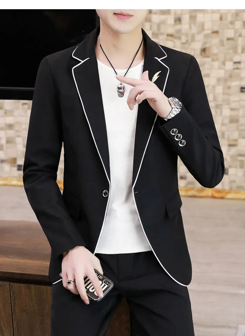 Men's Slim Fit Korean Style Two-Piece Suit Set – Smart Casual Polyester Suit for All Seasons