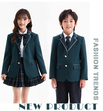Boys Green Blazers Pants School Uniform Girls Jacket Skirt Shirt Tie Suits Kids Formal Dress Tuxedo Children Student Clothes Set