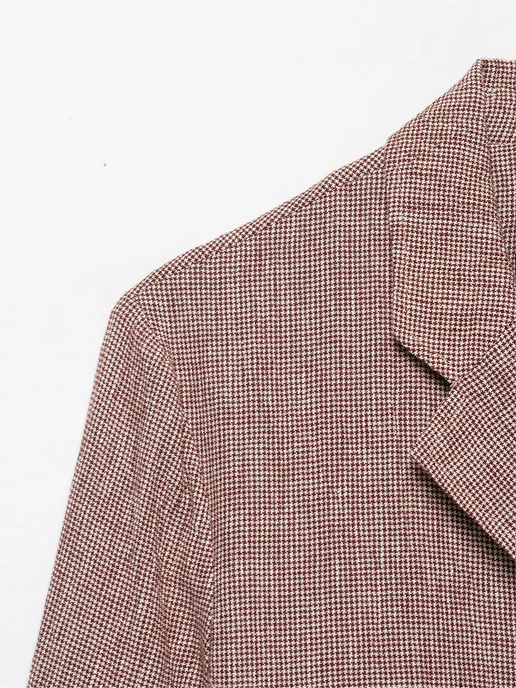 Casual Women Houndstooth Linen Blazer 2026 Spring Autumn Elegant Female Long Sleeves Lapel Collar Office Slim Suit Outerwear