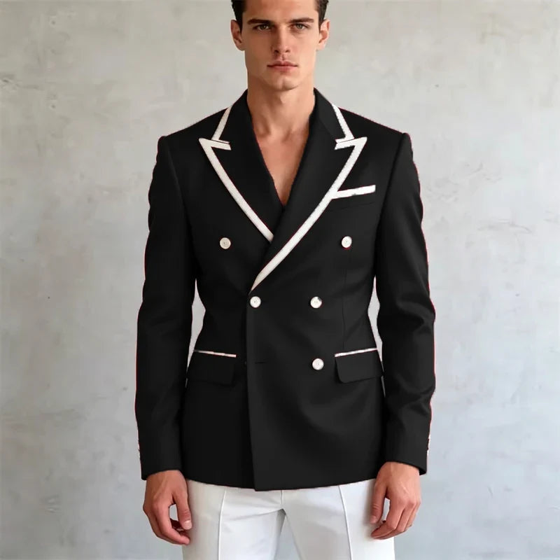 Double Breasted Slim Fit Blazer – Men's Formal Suit Jacket with White Contrast Piping