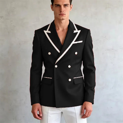 Double Breasted Slim Fit Blazer – Men's Formal Suit Jacket with White Contrast Piping