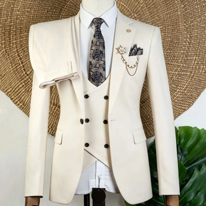 Men Suit Beige 3 Pieces Solid With Lapel For Wedding Groom Banquet Party Prom Business Work Office Daily Jacket Vest With Pants