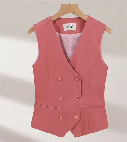 2025 Summer V-Neck Vest Women Thin Loose Waistcoat Double-breasted Sleeveless Blazer Female Slim Short Vest Femme Slim Buttons