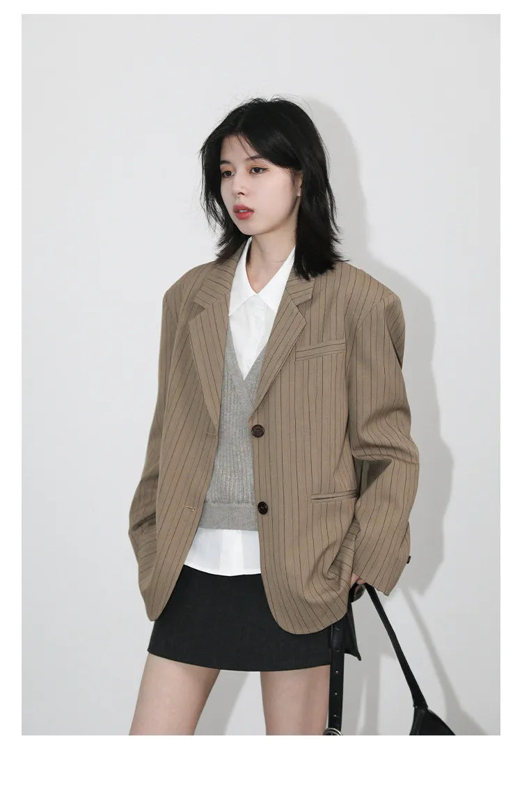 New Women Blazers Single-breasted Loose Casual Retro Striped Office Ladies Suit Jacket Female Coat Spring Autumn 2026