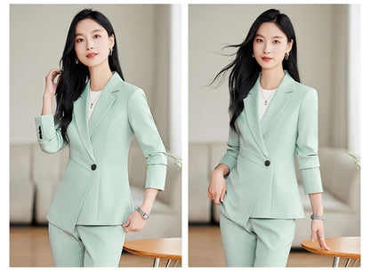 Elegant Green Apricot Black Ladies Pant Suit Women Female Business Work Wear Jacket and Trouser Blazer 2 Piece Set