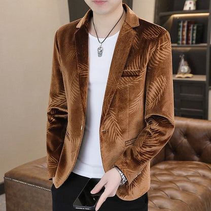Blazer Men's Fashion Business Gentleman Groom Professional Gentleman Casual Velvet Bamboo Leaf Flower Dress High-end Blazer