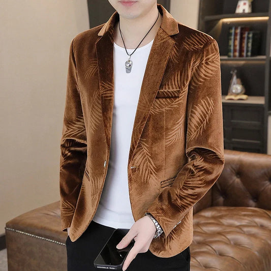 Blazer Men's Fashion Business Gentleman Groom Professional Gentleman Casual Velvet Bamboo Leaf Flower Dress High-end Blazer