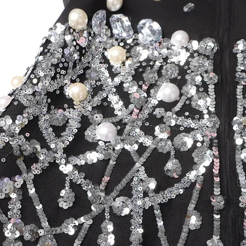Sexy Socialite Style Blazer Dress 2025 Spring Autumn New Women's Turn-Down Collar Long Sleeve Sequin Diamond Jacket  HK8313