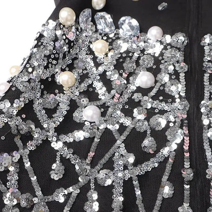 Sexy Socialite Style Blazer Dress 2025 Spring Autumn New Women's Turn-Down Collar Long Sleeve Sequin Diamond Jacket  HK8313