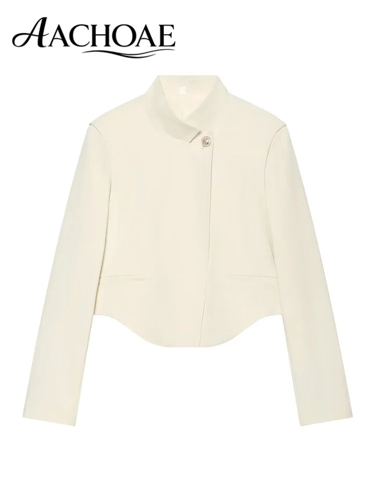 Women's Minimalist Cropped Blazer Stand Collar Suit Jacket Elegant Office Business Casual Long Sleeve Short Coat