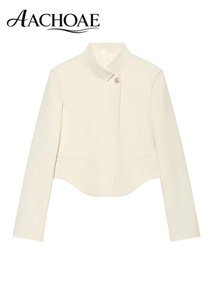 Women's Minimalist Cropped Blazer Stand Collar Suit Jacket Elegant Office Business Casual Long Sleeve Short Coat